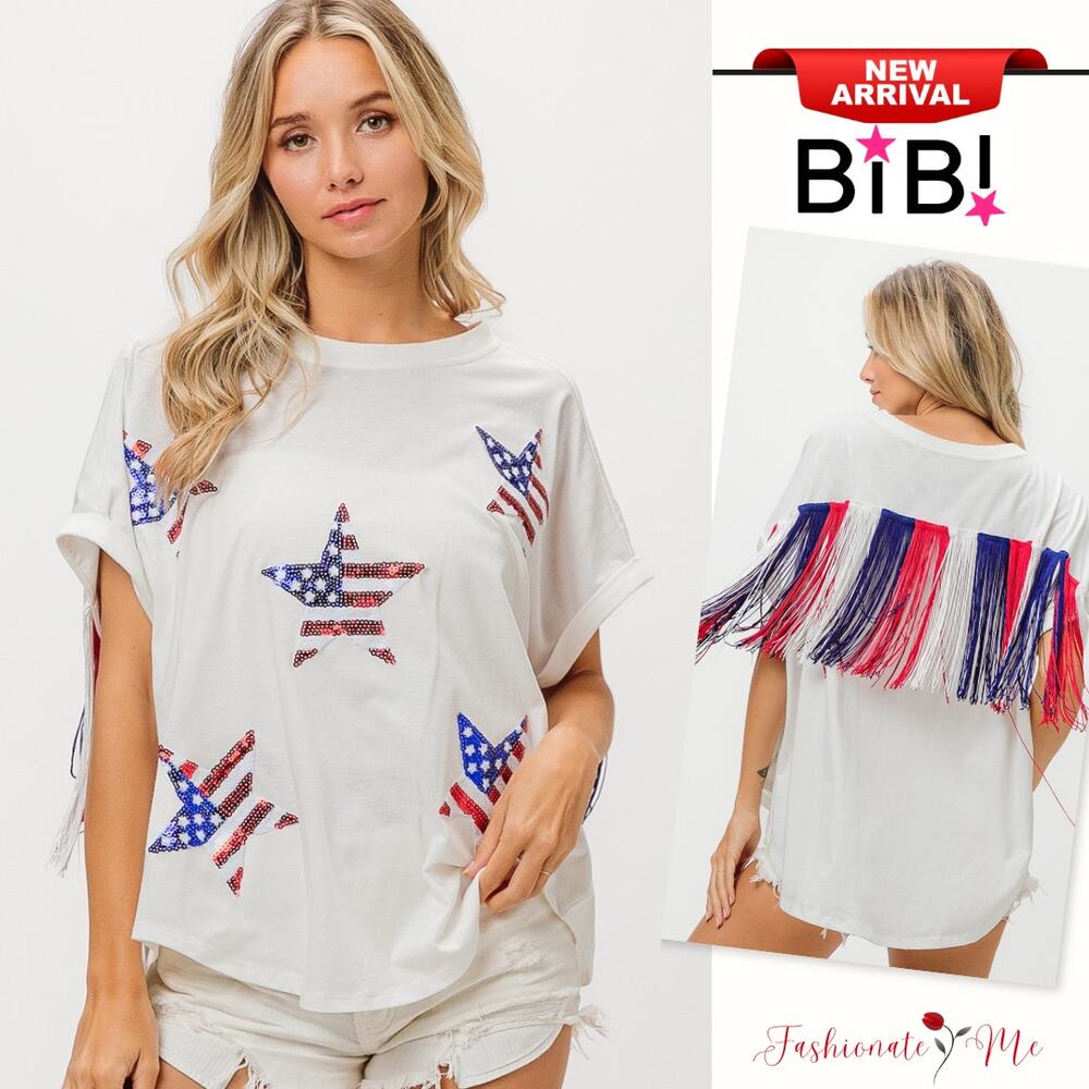 BiBi 4th Of July American Flag Theme Sequin Star Patches Back Fringe Top | White